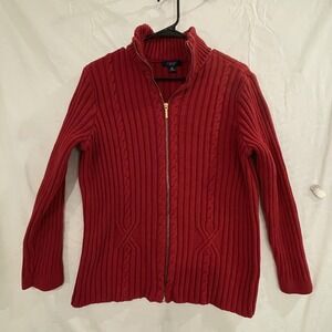 Chaps Sweater Womens 1X Red Full Zip Cable Knit Cotton Ribbed Cardigan Mock Neck